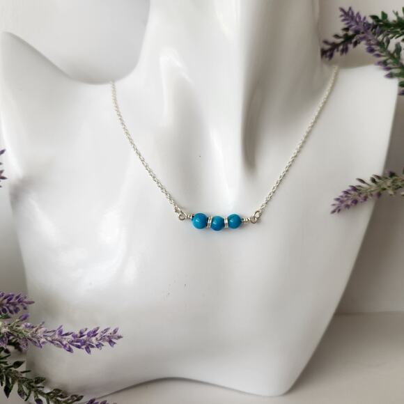 Silver Dainty Trio Turquoise Seashell Bar Necklace / Wire Wrapped Blue Necklace - Picture 4 of 6